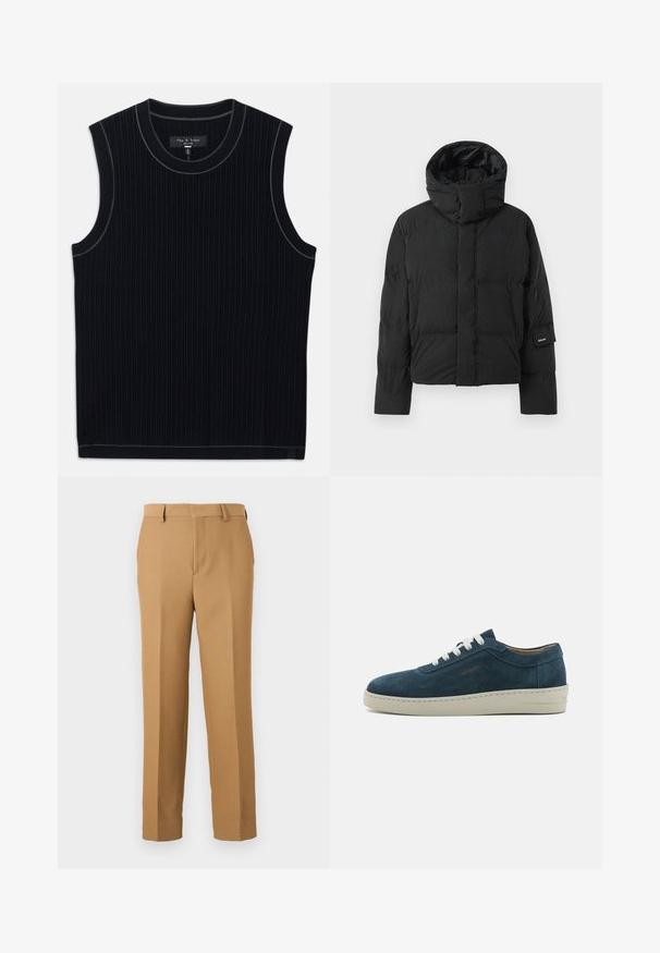 Black puffer jacket with a high collar, featuring a smooth fabric texture, zip closure, and two front pockets. Brand label on sleeve.; Black sleeveless top made of ribbed fabric, featuring a round neckline and clean hem. Subtle contrast trim along the neckline.; Beige dress pants made of woven fabric, featuring a straight cut, flat front, and belt loops. Smooth texture with no visible patterns.; Blue suede sneaker with a rounded toe, white laces, and a rubber sole. Features subtle stitching and a branded accent on the side.