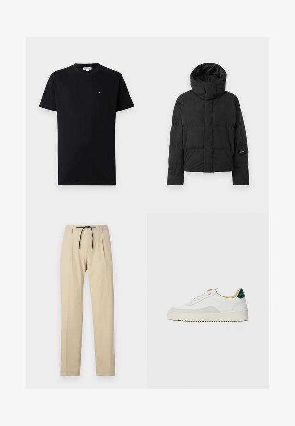 Črna puffer jakna z visokim ovratnikom, z gladko teksturo blaga, zadrgo in dvema sprednjima žepoma. Oznaka blagovne znamke na rokavu.; Črn kratkosleteni majica iz bombaža, z okroglim ovratnikom in majhnim okroglim logotipom na prsih. Gladka tekstura.; Bež hlače s ravnim krojem, z elastičnim pasom, plisejem na sprednji strani in gladko teksturo. Preprost, vsestranski dizajn.; Bela trenerka z zaključki iz semiša, okroglo konico, ravne vezalke in kremna gumijasta podplata. Ima zeleno blagovno znamko na peti.