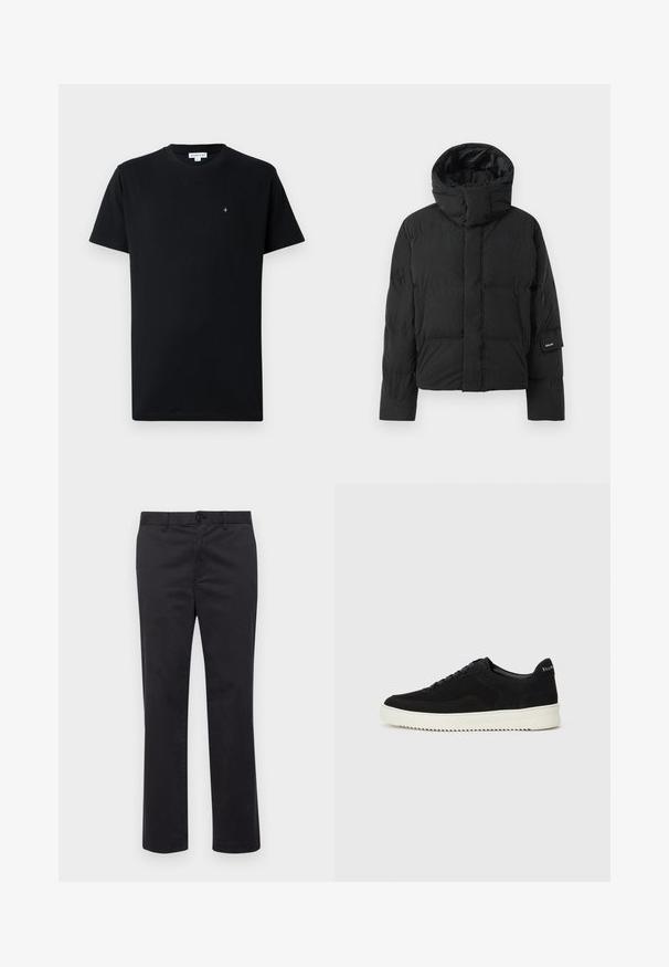 Juodas pūkinis džemperis su aukšta apykakle, turintis lygų audinio tekstūrą, užtrauktuką ir du priekiniai kišeniai. Ženkliukas ant rankovės.; Juodas trumpomis rankovėmis medvilnės marškinėliai, turintys apvalų kaklą ir mažą apvalų logotipą ant krūtinės. Lygus paviršius.; Juodi medvilniniai kelniukai tiesaus kirpimo, su sagos uždarymu ir diržo kilpomis. Lygus audinys, be matomų raštų ar akcentų.; Juodos veliūrinės sportinės bateliai su raištelių dizainu ir kontrastinga balta gumine padais. Yra tekstūruoti šoniniai skydeliai ir subtilus logotipas ant kulno.