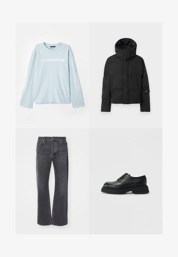 Juodas pūkinis džemperis su aukšta apykakle, turintis lygų audinio tekstūrą, užtrauktuką ir du priekiniai kišeniai. Ženkliukas ant rankovės.; Šviesiai mėlyna ilgaašvė marškinėliai iš minkštos medžiagos, su baltu „J. Lindeberg“ logotipu priekyje ir raštuotu akcentu ant rankovių.; Juodos aukšto juosmens džinsai, su laisvu, plačiu kirpimu. Pagaminti iš denimo, su subtiliu blukimu ir priekinėmis bei užpakalinėmis kišenėmis.; Juodos odinės bateliai su apvaliu nosiu, turintys storą sluoksniuotą padą ir tradicinį raištelių užsegimą. Lygus paviršius su minimaliais dekoratyviniais elementais.