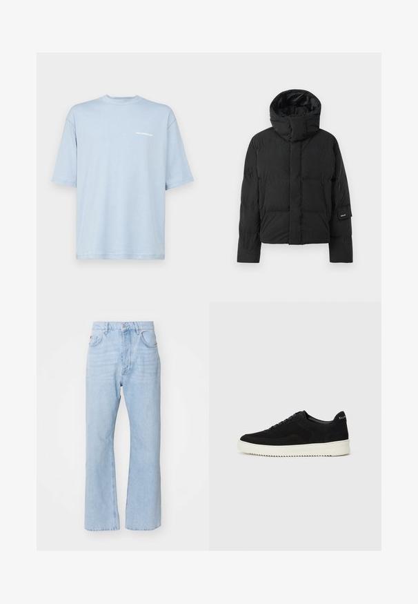 Juodas pūkinis džemperis su aukšta apykakle, turintis lygų audinio tekstūrą, užtrauktuką ir du priekiniai kišeniai. Ženkliukas ant rankovės.; Holzweiler RANGER FLOWER TEE - Marškinėliai su spaudiniu - blue; Šviesiai mėlyni džinsai su laisvu siluetu, tiesiomis kojomis, tradiciniu penkių kišenių stiliumi ir metaliniu mygtuko uždarymu.; Juodos veliūrinės sportinės bateliai su raištelių dizainu ir kontrastinga balta gumine padais. Yra tekstūruoti šoniniai skydeliai ir subtilus logotipas ant kulno.