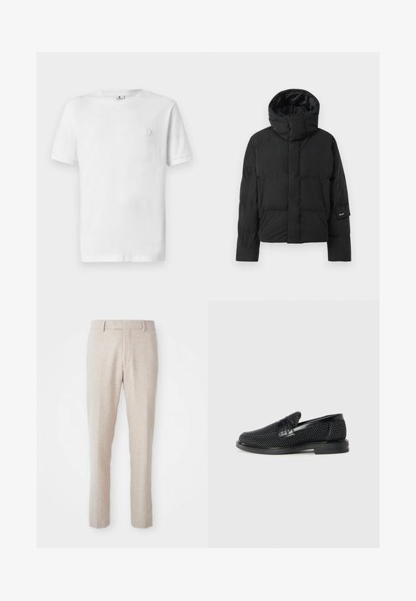 Mustan värvi puhvjakker kõrge kaelusega, sileda kangast tekstuuriga, ettearvestatud tõmbluku ja kahe esitaskuga. Brändi etikett varrukal.; Valge puuvillane T-särk ümarate kaelustega ja lühikeste varrukatega. Vasakus rinnas on väike, tekstuuriga logo. Sile kangas.; Bežid kootud püksid sirge lõikega, millel on lame eesmine osa, vöökohaga silmused ning ilma nähtavate mustrite või metalldetailideta.; Must musta kootud slip-on king, millel on pehme nahast accent ülaserval, ümmargune varvas ja madal profiiliga kummitald.