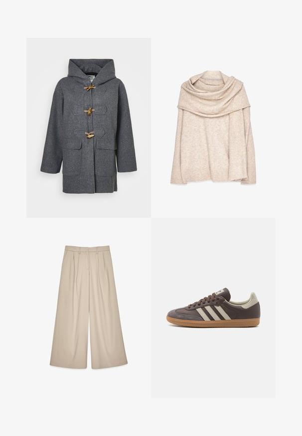 Grijze wollen duffelcoat met een kap, toggelsluitingen, twee voorkezen en een gladde textuur. Ontworpen voor warmte en comfort.; Beige, gebreide pullover met een brede, gedrapeerde halslijn, lange mouwen en geribbelde manchetten. Zachte textuur met een subtiel gemêleerd patroon.; Beige wijde broek met een hoge taille, voorzien van voorplooien en een soepele textuur. Ontworpen voor een relaxed fit met een verfijnde uitstraling.; Bruine leren sneaker met drie lichtgekleurde strepen, rubberen gumzool, ronde neus en gestructureerde nubuck accenten op de hiel en neus.