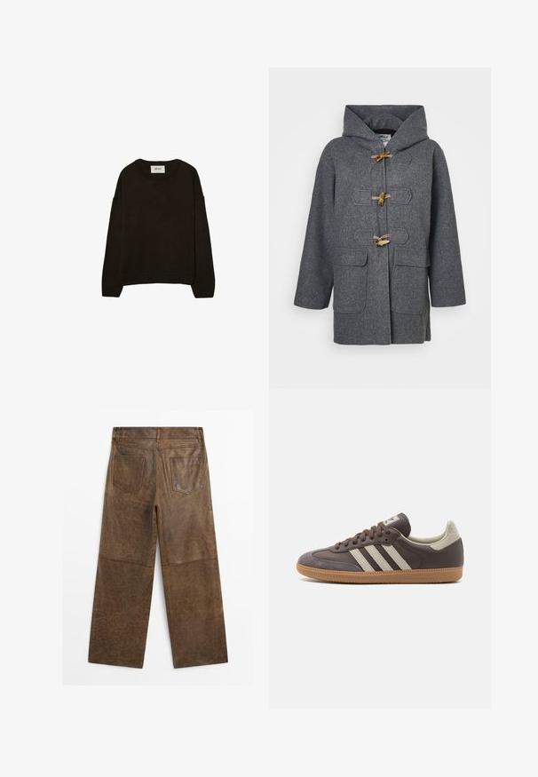 Grau wollene Dufflecoat mit Kapuze, Toggle-Verschlüssen, zwei Fronttaschen und glatter Textur. Entworfen für Wärme und Komfort.; Dunkelbrauner Strickpullover mit Rundhalsausschnitt, überschnittenen Schultern, gerippten Bündchen und Saum, der eine weiche Textur und eine entspannte Passform aufweist.; Braune Leder-Hosen mit weitem Bein, zwei Gesäßtaschen und sichtbaren Nähten, von hinten auf einem weißen Hintergrund gezeigt.; Braune Leder-Sneaker mit drei hellen Streifen, Gummisohle, abgerundetem Zehenbereich und strukturierten Wildlederelementen an Ferse und Zehen.