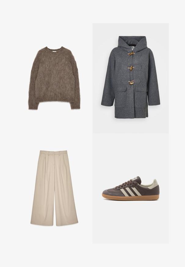 Manteau duffle en laine grise avec capuche, fermetures par toggles, deux poches frontales et texture lisse. Conçu pour la chaleur et le confort.; Pull en laine marron, manches longues, col rond, coupe oversized, texture douce avec une apparence shaggy, sans matériel ni accents visibles.; Pantalons larges beiges à taille haute, avec des plis avant et une texture lisse. Conçus pour un ajustement décontracté avec un look soigné.; Baskets en cuir marron avec trois bandes de couleur claire, semelle en gomme, bout arrondi et accents en daim texturé sur le talon et le bout.