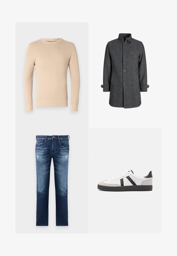 Temno sivi volneni plašč z ribjo kostjo, visokim ovratnikom, sprednjimi gumbi in stranskimi žepi, z nastavljivimi manšetami.; Bež pleteno pulover z teksturno vzorcem, okroglo izrezom in rebrastimi manžetami ter robom. Lahka, mehka tkanina, primerna za plastenje.; Modra denim hlače s regularno prileganjem, z obdelanim pranjem, lahkimi poškodbami, petimi žepi in kontrastnim šivanjem. Zapenjanje na gumb ob pasu.; Bela športna obutev z črnimi in sivo akcenti, z teksturirano sivo kapico za prste, črnim gumijastim podplatom in ravnimi belimi vezalkami. Čista zasnova, minimalistični slog.