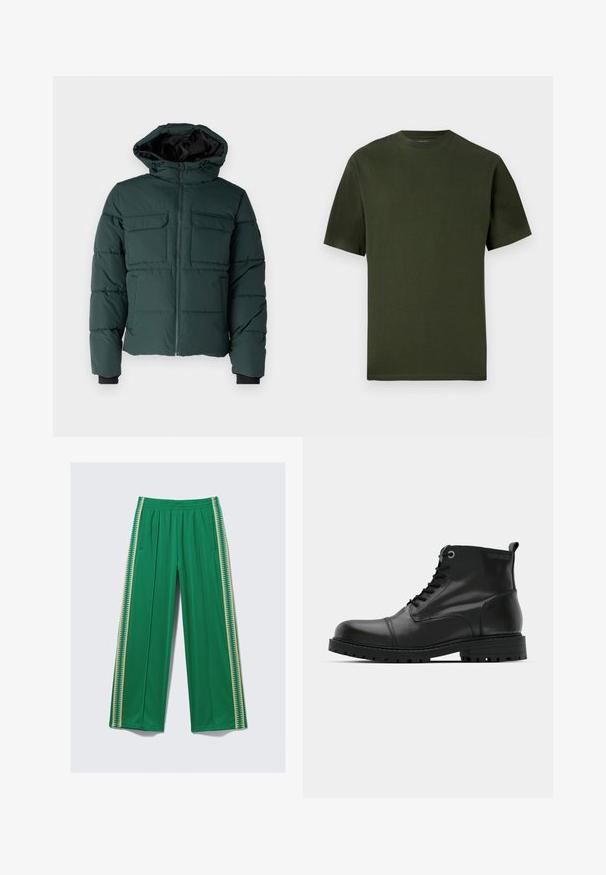 Casaco puffer verde com capuz, fecho na frente e dois bolsos no peito. Apresenta punhos elásticos e um acabamento texturizado. Interior forrado.; T-shirt de algodão verde caqui com mangas curtas, decote arredondado e uma textura suave. Design simples sem padrões ou detalhes visíveis.; Calças verdes de perna larga, feitas de tecido macio, com cintura elástica e riscas laterais amarelas contrastantes com padrão em zig-zag.; Botas de tornozelo em couro preto com bico arredondado, design de atacadores, ilhós cinzentos em contraste e sola de borracha robusta. Textura suave com acentos mínimos.