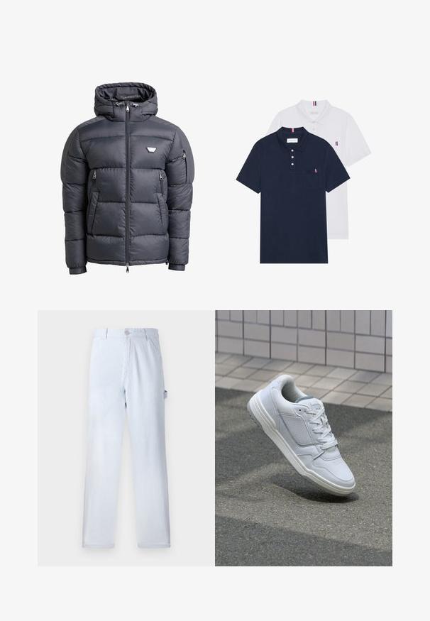 Veste à capuche matelassée de couleur gris foncé, avec une fermeture éclair à l'avant, deux poches zippées et un accent logo sur la poitrine. Texture lisse et brillante.; Deux polos : un bleu marine et un blanc, tous deux avec un petit accent rouge, blanc et bleu sur la poche poitrine et le col.; Pantalons rayés bleu clair en coton. Design à jambes droites, avec une fermeture à bouton à l'avant et des poches latérales. Texture douce.; Baskets en cuir blanc avec des côtés perforés, des accents texturés, des lacets plats et un talon gris contrasté. Présente une semelle légèrement surélevée.