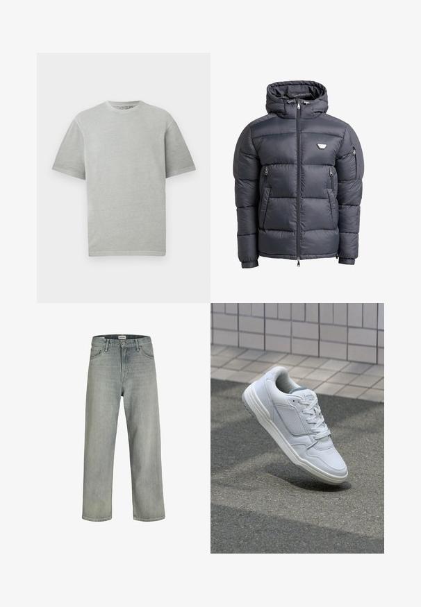 Jacheta cu glugă căptușită de culoare gri închis, cu fermoar în față, două buzunare cu fermoar și un accent cu logo pe piept. Textură netedă și lucioasă.; Tricou gri deschis cu mâneci scurte și gât rotund, expus pe un fundal alb simplu.; Jeans decolorate, cu croială confortabilă, realizate din denim. Prezentă un design clasic cu cinci buzunare, bucle pentru curea și o siluetă dreaptă.; Adidași din piele albă cu părți perforate, accente texturate, șireturi plate și un călcâi gri contrastant. Prezintă o talpă ușor ridicată.