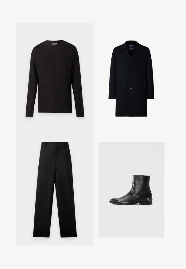 Abrigo negro de mezcla de lana, con cuello con muescas, cierre central de botones, bolsillos laterales y una silueta entallada.; Suéter negro de manga larga con patrón de punto en forma de chevron y puños y dobladillo acanalados, con cuello redondo, presentado sobre un fondo blanco liso.; Camiseta negra de manga larga hecha de algodón, con un cuello redondo y un diseño simple sin patrones ni adornos visibles.; Pantalones negros de algodón con un diseño de pierna recta, que cuentan con un cierre frontal de botón y bolsillos laterales. Textura lisa, sin patrones.; Bota de cuero negro hasta el tobillo con punta afilada, detalle texturizado en el costado, tacón bajo y un pequeño acento decorativo en forma de serpiente plateada en el tacón.