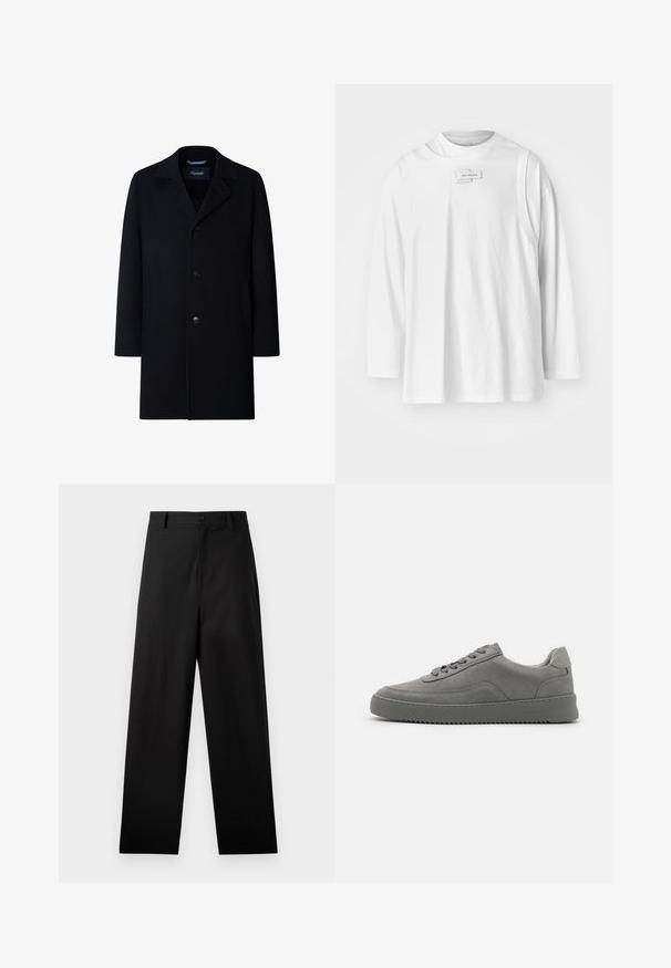 Manteau noir en mélange de laine, avec un col cranté, une fermeture à bouton central, des poches latérales et une silhouette ajustée.; Feng Chen Wang DECONSTRUCTION UNISEX - T-shirt à manches longues - white; Pantalons noirs en coton avec une coupe droite, dotés d'une fermeture à bouton à l'avant et de poches latérales. Texture lisse, sans motifs.; Baskets en cuir gris avec une finition lisse, dotées de lacets ton sur ton, d'une semelle en caoutchouc et de détails de couture subtils.