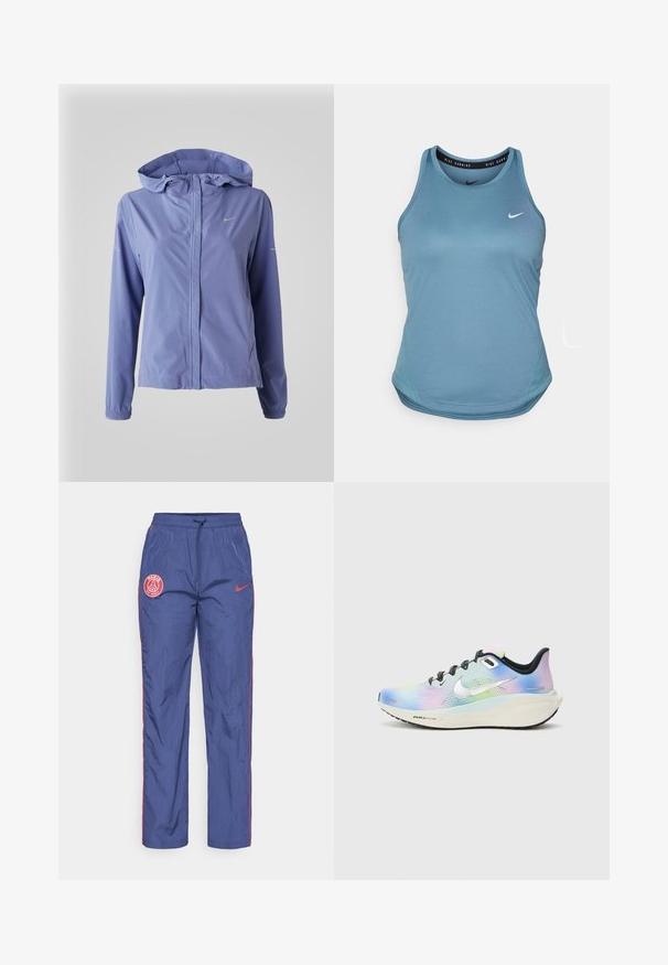 Vaalean lilakuvioinen tuulipusero, jossa on huppu, koko etuvetoketju, joustavat hihansuut ja pieni hopeinen Nike-logo rinnassa. Sileä rakenne.; Vaaleansininen Nike-juoksupaita, jossa on pyöreä kaula-aukko, hihaton muotoilu ja kaareva helma. Paidassa on pieni valkoinen Nike-logo rinnassa.; Siniset Paris Saint-Germain Nike -treenihousut, joissa on punaiset logopaket, punaiset saumat sivuilla ja joustava vyötärönyöri.; Nike juoksukengät, joissa on gradienttiviimeistely, jossa on vaaleansinisiä, pinkkejä ja vihreitä sävyjä. Mustat nauhat ja pohja; hopea logo korostaa.
