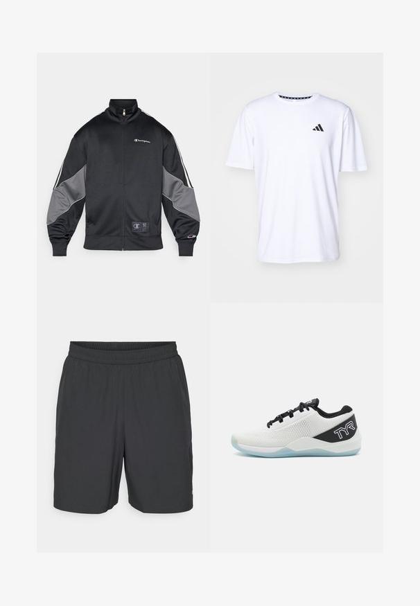 Black track jacket made of smooth fabric, featuring gray accents on sleeves, a high collar, zip closure, and logo detailing on the chest.; White short-sleeve t-shirt made of fabric with a smooth texture. Features a black adidas logo on the left chest and a patterned collar.; Champion TRAINING SHORTS - Sports shorts - black; TYR CXT2 - Training shoe - black/white/blue