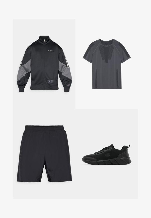 Melna treniņjaka, kas izgatavota no gludas auduma, ar pelēkiem akcentiem uz piedurknēm, augstu apkakli, rāvējslēdzēja aizdari un logotipa detaļām uz krūtīm.; Pelēks sporta T-krekls ar īsām piedurknēm, ar teksturētām sietu paneļiem un apaļu kakla izgriezumu, izstrādāts elpojamībai un komfortam.; Melnas sporta šortus ar elastīgu jostu un sānu kabatām, kas paredzēti ērtai valkāšanai un aktīvai nodarbei.; Melnas sporta kedas ar acs materiālu augšdaļā, pastiprinātu purngali, teksturētu vidusdaļu un aizmugurē nesamajamenu cilpu ērtai uzvilkšanai. Logo attēlots uz sānu.