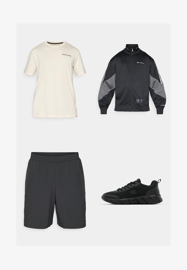 Svart treningsjakke laget av glatt stoff, med grå detaljer på ermene, høy krage, glidelås og logo på brystet.; Kremfarget bomull T-skjorte med kortermet. Har en liten svart logo trykt på venstre bryst og en rund hals-design.; Champion TRAINING SHORTS - Sports shorts - black; Sorte svarte treningssko med mesh-overdel, forsterket tå, teksturert mellomsåle og bakre stroppe for enkel påkledning. Logo vist på siden.
