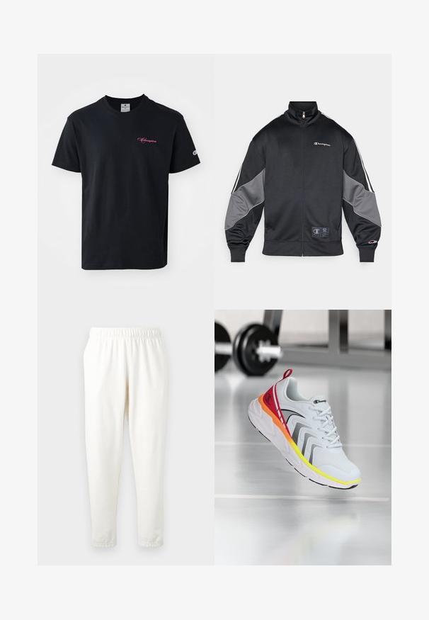 Jachetă de trening neagră, confecționată dintr-un material neted, cu accente gri pe mâneci, guler înalt, închidere cu fermoar și detalii cu logo pe piept.; Tricou negru din bumbac, cu mâneci scurte, guler rotund și un logo roz "Champion" brodat pe piept și pe mânecă.; Pantaloni de trening crem, cu talie elastică și picioare înguste, realizați dintr-un material moale. Prezintă o textură netedă și fără modele sau accente vizibile.; Pantofii sport albi cu partea superioară din plasă, accente colorate în roșu, portocaliu și galben, având o talpă texturată și detalii negre.