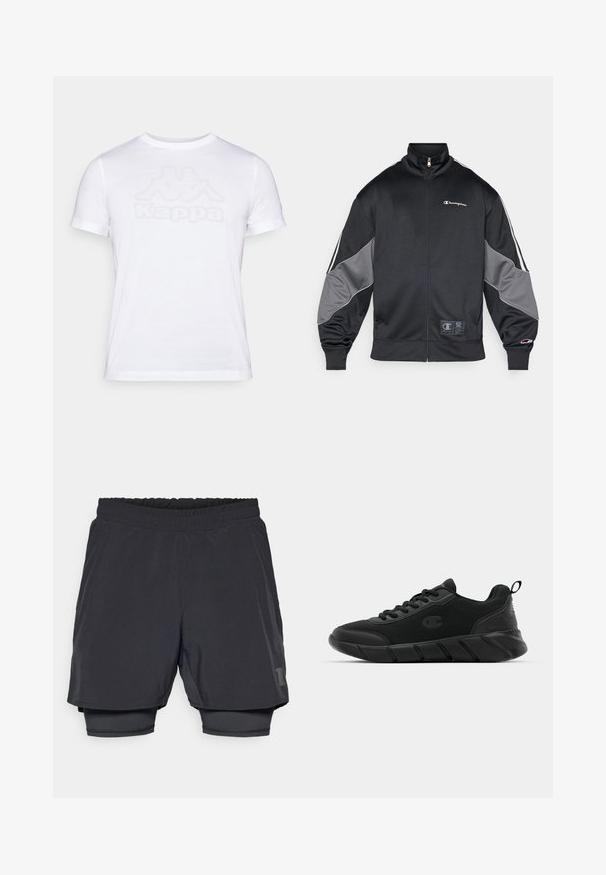 Musta urheilu takki, joka on valmistettu sileästä kankaasta. Siinä on harmaat yksityiskohdat hihoissa, korkea kaulus, vetoketjukiinnitys ja logokoristelu rinnassa.; Valkoinen puuvillainen t-paita, jossa on lyhyet hihat ja pyöreä kaula-aukko. Edessä on hentoinen sävytetty Kappa-logo. Sileä pinta.; Mustat urheilusortsit, joissa on joustava vyötärö, kerroksellinen muotoilu ja tiukka sisävuori. Alhaalla on hillitty logo.; Musta urheilukenkä, jossa on verkkomateriaali yläosa, vahvistettu kärki, teksturoitu välipohja ja takana vetonauha helppoa pukemista varten. Logotypografia näkyy sivulla.
