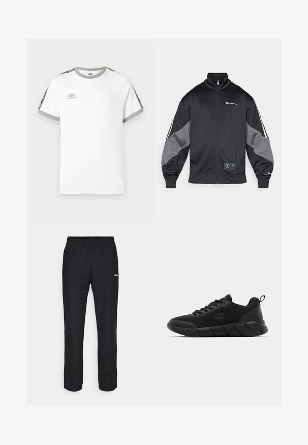 Casaco de pista preto feito de tecido suave, com detalhes cinzas nas mangas, um colar alto, fecho de zip e logotipo na zona do peito.; T-shirt branco de manga curta com golas e punhos cinzas, riscas pretas e cinzas nas mangas, e o logótipo da Umbro no peito.; Champion ICONS STRAIGHT PANTS QUICK DRY - Calças de fato de treino - black; Tênis de desporto pretos com parte superior em malha, biqueira reforçada, entressola texturizada e loop na parte de trás para calçar facilmente. Logotipo exibido ao lado.