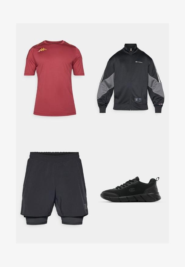 Casaco de pista preto feito de tecido suave, com detalhes cinzas nas mangas, um colar alto, fecho de zip e logotipo na zona do peito.; T-shirt desportivo em bordeaux feita de tecido que afasta a humidade, com mangas curtas, decote redondo e detalhes em dourado nos ombros.; Calções atléticos pretos com um cós elástico, design em camadas e um forro interior ajustado. Apresenta um logótipo discreto na parte inferior.; Tênis de desporto pretos com parte superior em malha, biqueira reforçada, entressola texturizada e loop na parte de trás para calçar facilmente. Logotipo exibido ao lado.