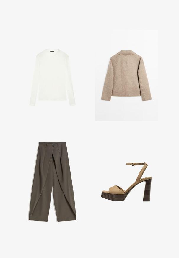 Giacca lunga in misto lana beige con maniche lunghe, dal taglio dritto e colletto semplice, mostrata da dietro su uno sfondo bianco.; T-shirt bianca a maniche lunghe in cotone morbido. Presenta un colletto rotondo, orlo dritto e spalle senza cuciture per un aspetto liscio e snello.; Pantaloni a gamba larga realizzati in un tessuto testurizzato grigio scuro. Presentano una piega frontale, chiusura con bottone e tasche laterali per praticità.; Sandali con tacco alto in suede beige, con una larga fascetta anteriore e una fascetta alla caviglia, dotati di un tacco blocco in legno spesso con una finitura testurizzata.