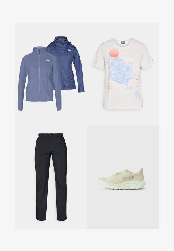 Două jachete: una din fleece de un albastru deschis, cu fermoar și guler înalt, și o jachetă impermeabilă de culoare bleumarin, cu glugă. Ambele au logo-uri pe piept.; Tricou alb din bumbac cu desene în linii contur albastre și un grafic cu soare roșu, cu detalii din text roșu pe față. Mânici scurte, guler rotund.; Pantaloni negri, ușori, rezistenți la apă, cu un talie elastică și două buzunare laterale; textură netedă; design cu picior drept.; Adidași de alergare bej deschis, cu un superior din plasă texturată, talpă intermediară amortizată și talpă exterioară de culoare verde mentă. Prezintă marca Hoka pe lateral.