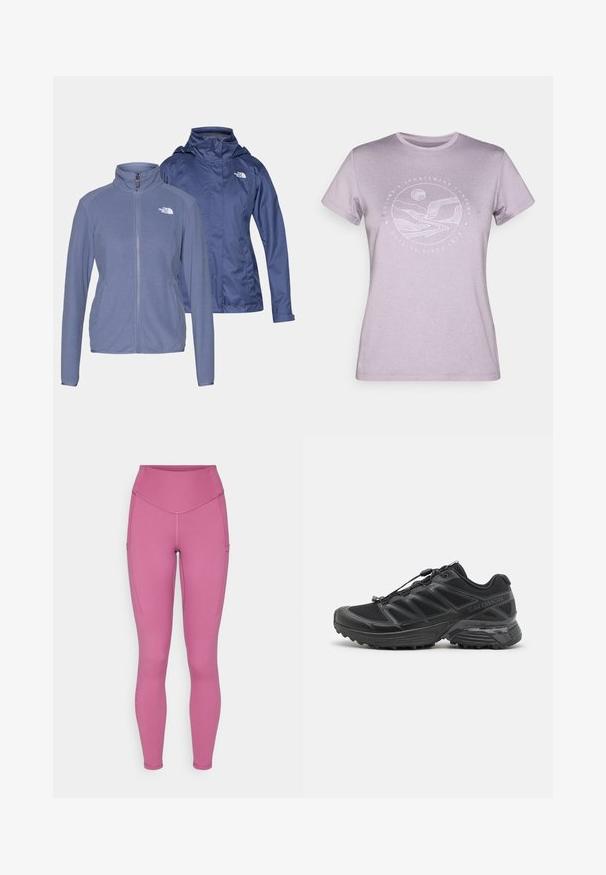 Two jackets: a light blue fleece zip-up with a high collar, and a navy waterproof jacket with a hood. Both have logos on the chest.; Light purple short-sleeve t-shirt made of soft fabric featuring a white circular graphic of mountains and sun, with text "Columbia Sportswear Company."; Pink leggings made of stretchy material, featuring a high waistband, side pockets, and contrast stitching details. Smooth texture throughout.; Black running shoe with mesh and synthetic upper, flexible outsole, and elastic laces. Features a cushioned midsole for comfort.