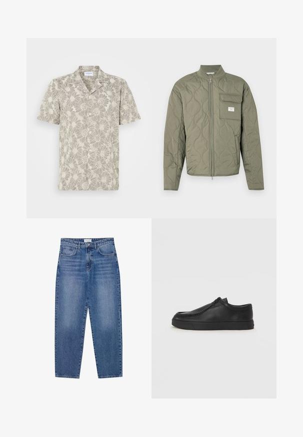 Casaco matelassado verde-oliva com fecho de correr, costuras onduladas, gola alta e bolso com aba no peito esquerdo com uma etiqueta branca.; Camisa de manga curta em bege claro com um padrão de renda floral, botões na parte da frente e um design de colarinho clássico.; Jeans de ganga azuis com cintura alta, design de perna reta e acabamento desbotado. Apresenta cinco bolsos e fecho de botão.; Sapata slip-on de couro preto com biqueira arredondada, detalhes cosidos e sola de borracha preta. Textura suave com design minimalista.