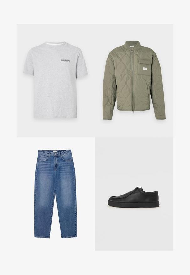 Quilted olive green zip-up jacket with wave stitching, a high collar, and a flap pocket on the left chest with a white label.; Grey cotton t-shirt with short sleeves. Features a black printed logo "GUESS JEANS" on the left chest area. Classic crew neckline.; Blue denim jeans with a high waist, straight leg design, and faded finish. Features five pockets and a button closure.; Black leather slip-on shoe with a rounded toe, stitched detailing, and black rubber sole. Smooth texture with minimalistic design.