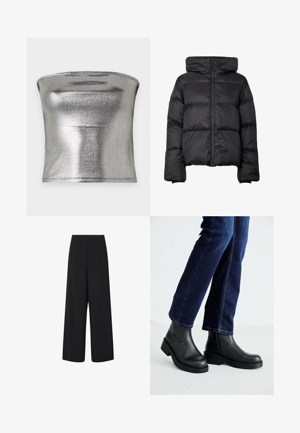 Casaco puffer preto com colarinho alto, quilt horizontal e fecho à frente. Possui mangas largas e punhos canelados para mais calor.; Top prateado sem alças feito de tecido metálico canelado. Apresenta uma textura suave e um design ajustado com um cós reto.; Calças larges cropped pretas com uma cintura alta e bolsos laterais, apresentando discretos detalhes de costura vertical.; Botas de tornozelo de couro preto com sola grossa e painéis elásticos laterais, combinadas com jeans azul escuro. O chão é de cor clara.