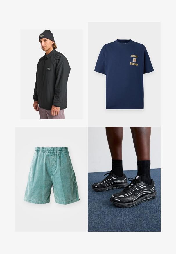 Črna lahka jakna z zadrgo spredaj, rebrastimi manšetami in logotipnim nalepko na prsih. Nosila se je z temnim pletenim klobukom.; Navy modra bombažna majica s kratkimi rokavi, z zlatim napisom "Carhartt University" in logotipom na levem prsnem delu.; Turkizni kordurojske kratke hlače z elastičnim pasom, ki imajo stranske žepke in ravno kroj. Tekstilirano blago z vidnimi rebrci.; Črne Nike čevlje imajo mrežasto zgornji del z naglasnimi črtami, teksturirane vezalke in črn gumijast podplat. Nosijo se s črnimi rebrastimi nogavicami.