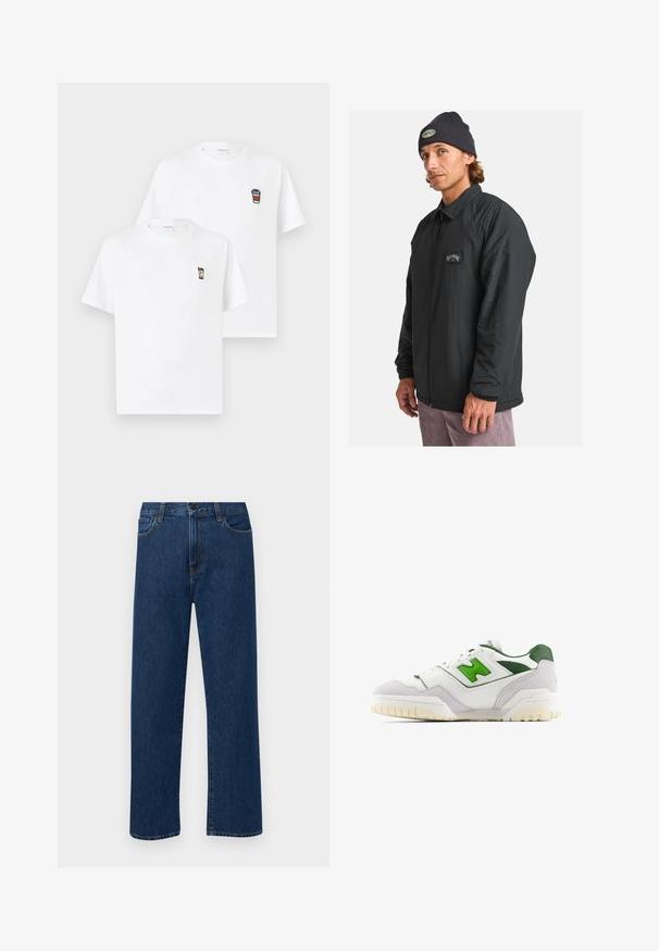 Schwarze leichte Jacke mit durchgehendem Reißverschluss, gerippten Bündchen und einem Logopatch auf der Brust. Getragen mit einer dunklen Strickmütze.; Weiße Baumwoll-T-Shirts mit kurzen Ärmeln. Eines hat eine kleine gestickte Eisbecher, das andere eine Kaffeetasse. Schlichtes, klassisches Design.; Dunkelblaue gerade geschnittene Jeans mit Fronttaschen und Knopfverschluss, auf einem schlichten weißen Hintergrund präsentiert.; Weiße Sneaker mit grünen Akzenten, aus Leder und Wildleder gefertigt. Verfügt über eine strukturierte Oberseite, einen gepolsterten Kragen und eine Gummisohle mit sichtbarem Profil.