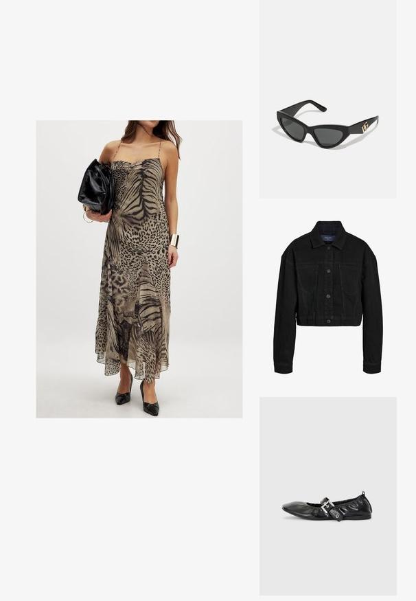 Giacca cropped in denim nero con abbottonatura frontale, due tasche sul petto e colletto classico. Presenta cuciture tonali e maniche lunghe.; NA-KD Vestito lungo - animal print; Scarpa piatta in pelle nera con punta affusolata, dettagli arricciati attorno all'apertura e un accento di fibbia argentata sulla fascia regolabile.; Occhiali da sole a forma di gatto con montatura in plastica nera opaca, lenti scure e un'accensione con logo dorato sulla stanghetta. Design angolare e superficie liscia.; Borsa a tracolla in pelle marrone con motivo logo, tracolla in catena dorata, chiusura con zip e dettagli in metallo dorato. Forma compatta e rettangolare.