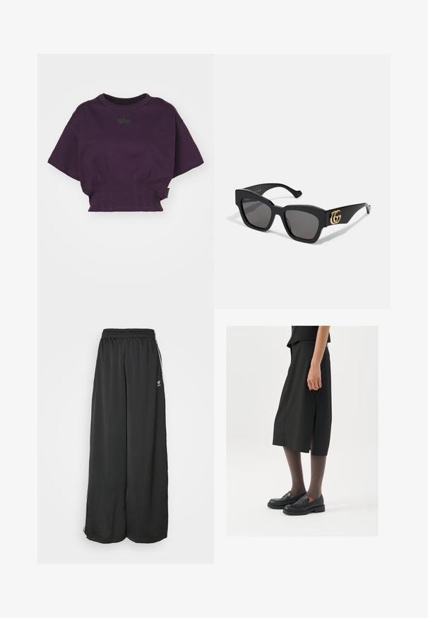 Svart denim cropped jakke med knappestolpe foran, to brystlommer og klassisk krage. Har tonale sømmer og lange ermer.; Alpha Industries T-shirts med print - plum; Svarte, løstsittende joggebukser laget av glatt stoff. Har elastisk midje og sidestriper med logo-aksenter.; Svart knelengde skjørt med sidespalte, parret med svarte loafers og gjennomsiktige brune strømpebukser, med en glatt stoffkvalitet og enkel design.; Svarte rektangulære solbriller med mørke linser, med gull GG-logo på siden. Laget av blank plast med rette tempelarmar.