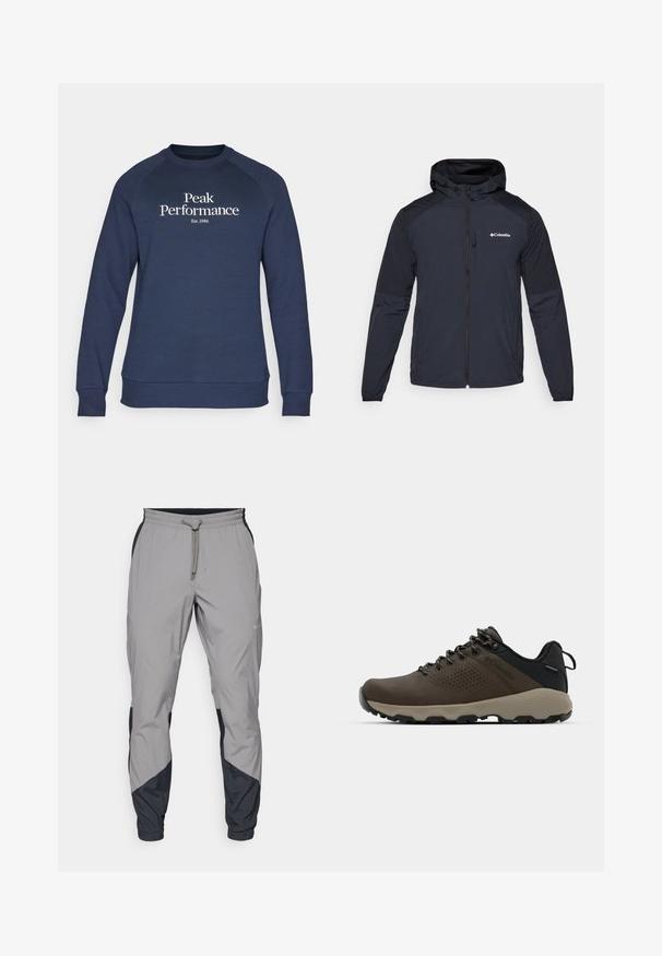 Casaco com capuz para homem em azul marinho escuro, feito de um tecido leve e resistente à água. Apresenta um fecho zip completo, punhos elásticos e um logótipo no peito.; Peak Performance ORIGINAL CREW-BLACK-OFFWHITE - Camisola - blue shadow/offwhite; Calças de treino leves e cinzentas com detalhes pretos. Cintura elástica, fecho com cordão, design de perna afunilada e bolsos laterais.; Ténis impermeáveis castanhos com um upper texturizado, detalhes perfurados, apoio para o calcanhar preto e uma sola de borracha cinza. Os atacadores têm extremidades metálicas.