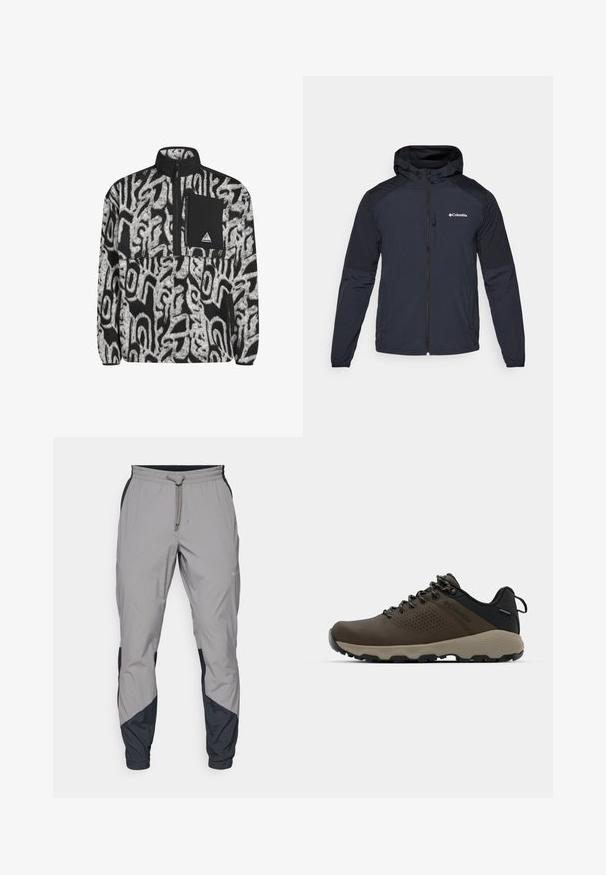 Men's hooded jacket in dark navy, made of lightweight, water-resistant fabric. Features a full zipper, elastic cuffs, and a logo on the chest.; Black and white fleece pullover with abstract pattern, half-zip closure, and black chest pocket featuring a logo patch.; Lightweight, gray athletic pants with black accents. Elastic waistband, drawstring closure, tapered leg design, and side pockets.; Brown waterproof sneakers with a textured upper, perforated accents, black heel support, and a grey rubber sole. Laces are styled with metallic ends.