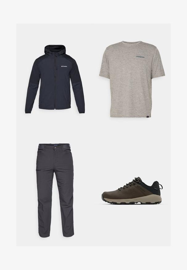Moška kapuca jakna v temno modri barvi, izdelana iz lahkega, vodoodpornega materiala. Ima poln zadrgo, elastične manšete in logo na prsih.; Siva majica s kratkimi rokavi iz mehkega, strukturiranega blaga, na levi strani prsnega dela z majhnim modrim logotipom Patagonia. Brez dodatnih vzorcev.; Temno sivi hlače iz trpežnega materiala, ki vsebujejo žep na zadrgo, ravno krojenje in zanke za pas za prilagodljivo prileganje.; Rjave vodoodporne superge z teksturiranim zgornjim delom, perforiranimi detajli, črno podporo za peto in sivo gumijasto podlogo. Šnure imajo metalne konice.