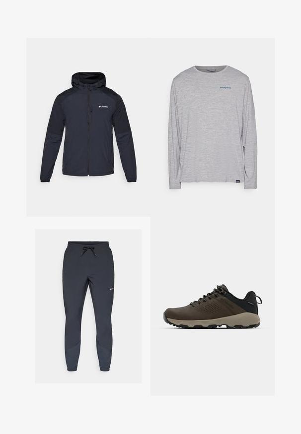 Hettejakke for menn i mørk marineblå, laget av lett, vannavvisende stoff. Har hel glidelås, elastiske mansjetter og en logo på brystet.; Lys grå langermet t-skjorte laget av myk, teksturert stoff. Har rund hals og en liten blå Patagonia-logo på brystet.; Sorte lette joggebukser med elastisk liv og justerbar snor. Har tapered ben og sidestykker i en mørkere nyanse.; Brune vanntette joggesko med teksturert overdel, perforerte detaljer, svart hæl støtte og en grå gummisåle. Snøring er stilisert med metalliske ender.