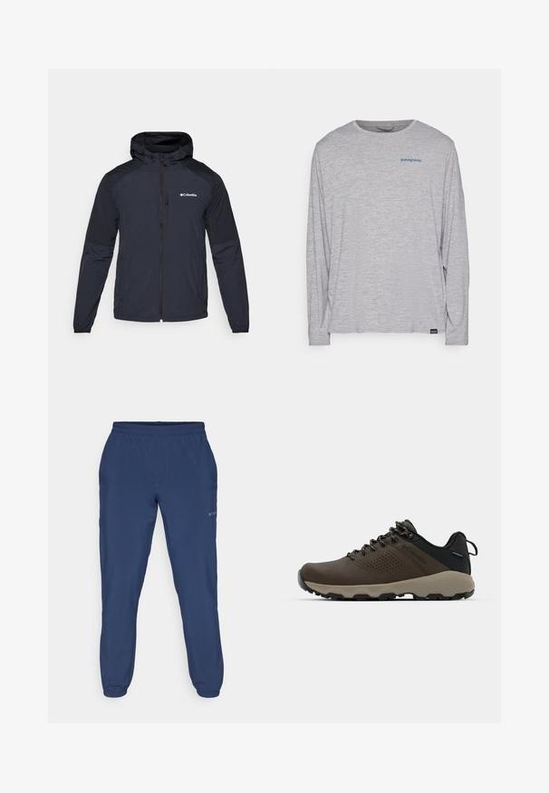 Vyriška striukė su gobtuvu tamsiai mėlynos spalvos, pagaminta iš lengvos, vandeniui atsparios medžiagos. Yra pilnas užtrauktukas, elastingi rankogaliai ir logotipas ant krūtinės.; Šviesiai pilka ilgomis rankovėmis marškinėliai, pagaminti iš minkštos, tekstūruotos medžiagos. Yra apvalus kaklas ir mažas mėlynas "Patagonia" logotipas krūtinėje.; Tamsiai mėlyni kelnės, pagamintos iš švelnios medžiagos, su elastingu juosmeniu ir elastinėmis rankovėmis, su subtiliu logotipu šone.; Rudi nepralaidūs sportbačiai su tekstūruota viršutine dalimi, perforuotomis detalėmis, juodu kulno palaikymu ir pilku guminio padu. Šniūreliai yra dekoruoti metaliniais galais.