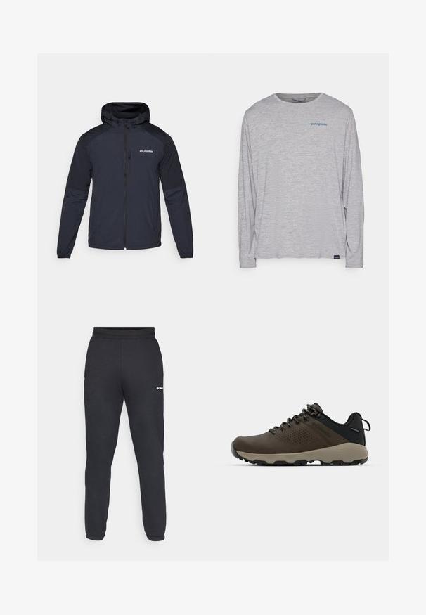 Casaco com capuz para homem em azul marinho escuro, feito de um tecido leve e resistente à água. Apresenta um fecho zip completo, punhos elásticos e um logótipo no peito.; T-shirt de mangas longas cinza claro, feito de um tecido suave e texturizado. Apresenta um decote redondo e um pequeno logotipo azul da Patagonia no peito.; Calças de fato pretas feitas de um material suave, com um cós justo e pernas afuniladas. Um pequeno logótipo branco está posicionado no lado esquerdo.; Ténis impermeáveis castanhos com um upper texturizado, detalhes perfurados, apoio para o calcanhar preto e uma sola de borracha cinza. Os atacadores têm extremidades metálicas.