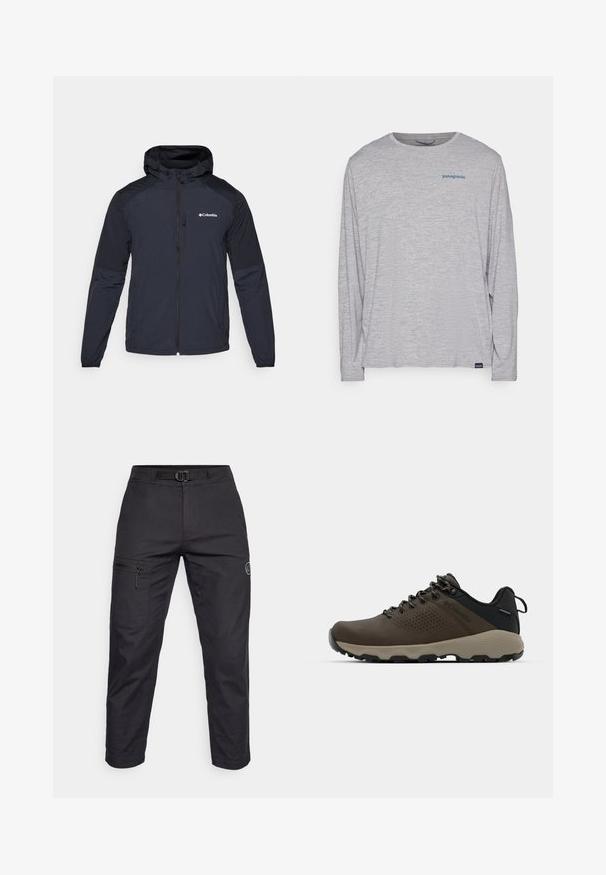 Herrjacka med huva i mörk marinblå färg, tillverkad av lätt och vattentåligt tyg. Funktioner inkluderar en hel dragkedja, elastiska ärmslut och en logotyp på bröstet.; Ljusgrå t-shirt med långa ärmar gjord av mjukt, texturerat tyg. Har en rund hals och en liten blå Patagonia-logotyp på bröstet.; Svarta cargobyxor med en mjuk textur, som har en dragkedjeficka på låret, justerbart midjeband och en logotypmärkes på benet.; Bruna vattentåliga sneakers med en strukturerad ovandel, perforerade detaljer, svart hälstöd och en grå gummisula. Snörningen har metalliska ändar.