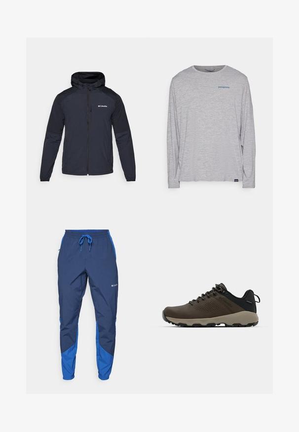 Miestenska kapucňová bunda v tmavom námorníckom odtieni, vyrobená z ľahkej, vodoodpudivej tkaniny. Má plný zips, elastické manžety a logo na hrudi.; Vaaleanharmaa pitkähihaisuus t-paita, joka on valmistettu pehmeästä ja teksturoidusta kankaasta. Siinä on pyöreä kaula-aukko ja pieni sininen Patagonia-logo rinnassa.; Columbia COLUMBIA TECH™ PANT - Ulkohousut - collegiate navy; Ruske vedenäyttävät lenkkarit, joissa on tekstuuroitu päällinen, reikiä korostavia yksityiskohtia, musta kantatuki ja harmaa kumipohja. Kiristysnauhoissa on metalliset päät.