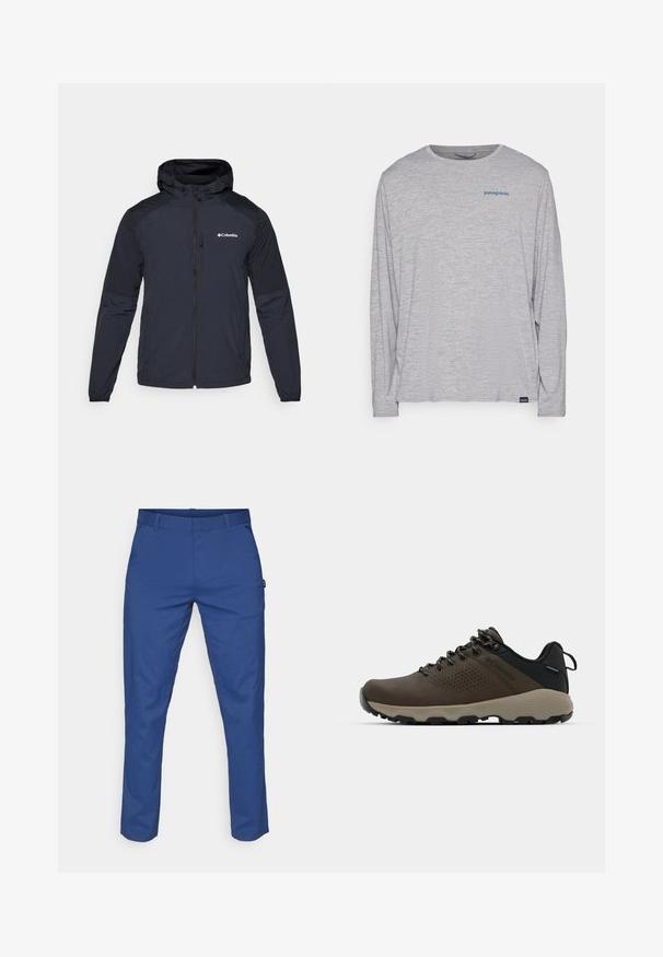 Hettejakke for menn i mørk marineblå, laget av lett, vannavvisende stoff. Har hel glidelås, elastiske mansjetter og en logo på brystet.; Lys grå langermet t-skjorte laget av myk, teksturert stoff. Har rund hals og en liten blå Patagonia-logo på brystet.; Blå bukser lavet af glat stof, med lige snit, to sidelommer og bæltestropper. Ingen synlige mønstre eller hardwaredetaljer.; Brune vanntette joggesko med teksturert overdel, perforerte detaljer, svart hæl støtte og en grå gummisåle. Snøring er stilisert med metalliske ender.