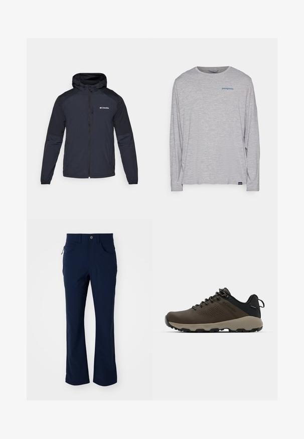 Men's hooded jacket in dark navy, made of lightweight, water-resistant fabric. Features a full zipper, elastic cuffs, and a logo on the chest.; Light gray long-sleeve t-shirt made of soft, textured fabric. Features a crew neck and a small blue Patagonia logo on the chest.; Navy blue straight-leg pants with belt loops, button closure, front pockets, and a zippered side pocket on a white background.; Brown waterproof sneakers with a textured upper, perforated accents, black heel support, and a grey rubber sole. Laces are styled with metallic ends.