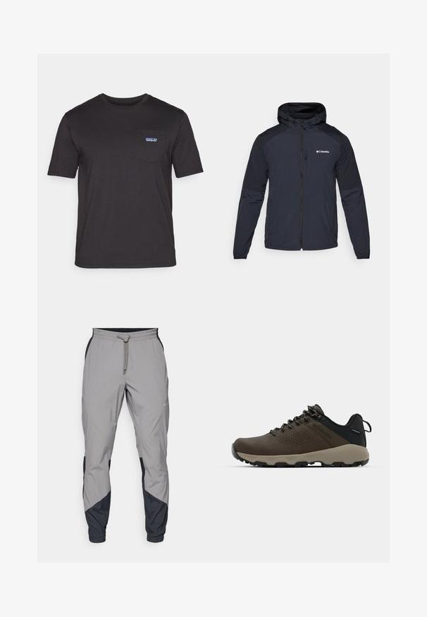 Vīriešu kapuci jaka tumši zils, izgatavota no viegla, ūdensizturīga auduma. Satur pilnu rāvējslēdzēju, elastīgas aproces un logotipu uz krūtīm.; Melna īsām piedurknēm T-krekls, izgatavots no kokvilnas, ar krūšu kabatu un zilu Patagonia logotipu kreisajā pusē.; Viegls, pelēks sporta bikses ar melniem akcentiem. Elastīga josta, ar auklu aizdare, sašaurināts kāju dizains un sānu kabatas.; Brūni ūdensnecaurlaidīgi sporta apavi ar teksturētu virsu, perforētiem akcentiem, melnu papēža atbalstu un pelēku gumijas zoli. Šņores veidotas ar metāliskiem galiem.