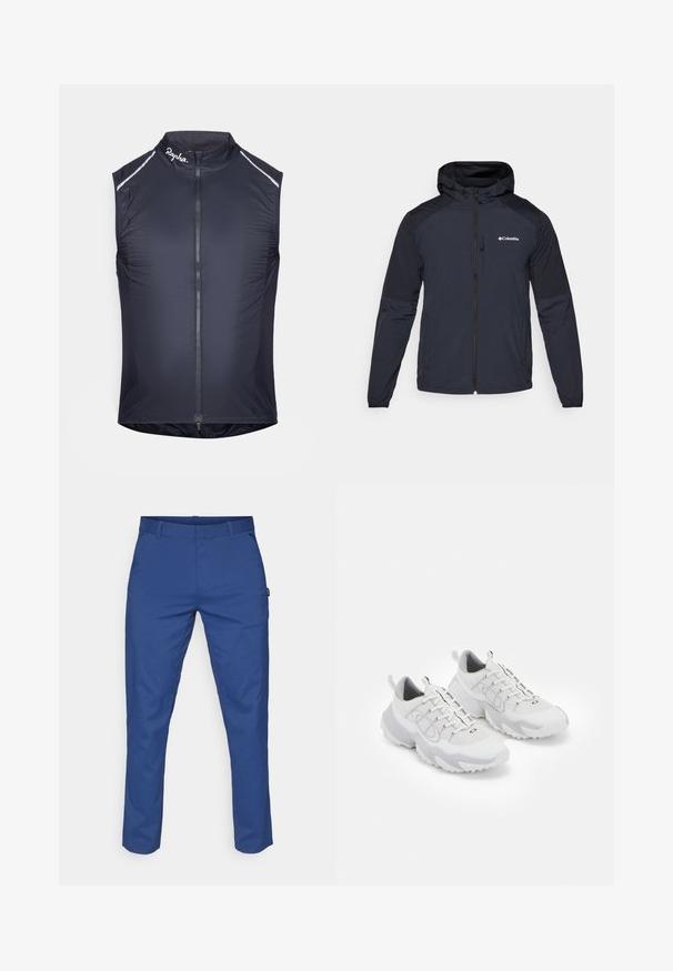 Miestenska kapucňová bunda v tmavom námorníckom odtieni, vyrobená z ľahkej, vodoodpudivej tkaniny. Má plný zips, elastické manžety a logo na hrudi.; Hihaton pyöräilyliivi tummansinisessä värissä, jossa on korkea kaulus, täysipitkä vetoketju, heijastavat yksityiskohdat ja kevyt, sileä kangas.; Siniset housut, jotka on valmistettu sileästä kankaasta, suoralinjaisella leikkauksella, kahdella sivutaskulla ja vyölenkeillä. Ei näkyviä kuvioita tai metalliosia.; Valkoiset urheilukengät, joissa on verkkomateriaali päällä, harmaat yksityiskohdat, teksturoitu kumipohja ja vetotapit kantapäässä; varustettu nauhakiristysdesignilla.
