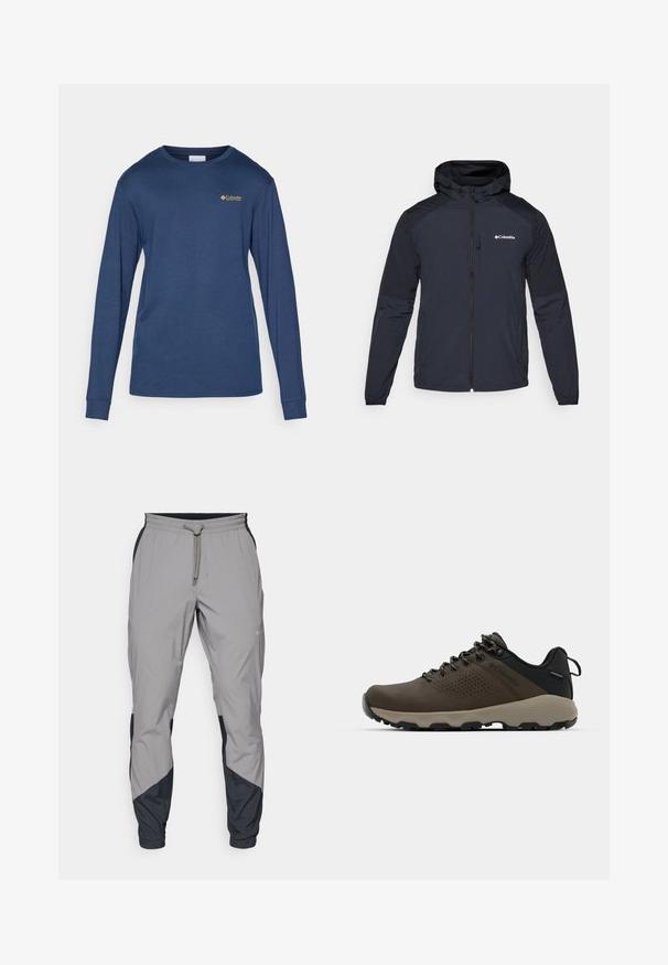 Miestenska kapucňová bunda v tmavom námorníckom odtieni, vyrobená z ľahkej, vodoodpudivej tkaniny. Má plný zips, elastické manžety a logo na hrudi.; Laivaston pitkähihaista paitaa, joka on valmistettu puuvillasekoitteesta. Siinä on pyöreä kaula-aukko ja pieni brodeerattu logo rinnassa. Sujuva rakenne.; Kevyet, harmaat urheiluhousut mustilla yksityiskohdilla. Joustava vyötärö, nyöri sulkeminen, kapeat lahkeet ja sivutaskut.; Ruske vedenäyttävät lenkkarit, joissa on tekstuuroitu päällinen, reikiä korostavia yksityiskohtia, musta kantatuki ja harmaa kumipohja. Kiristysnauhoissa on metalliset päät.