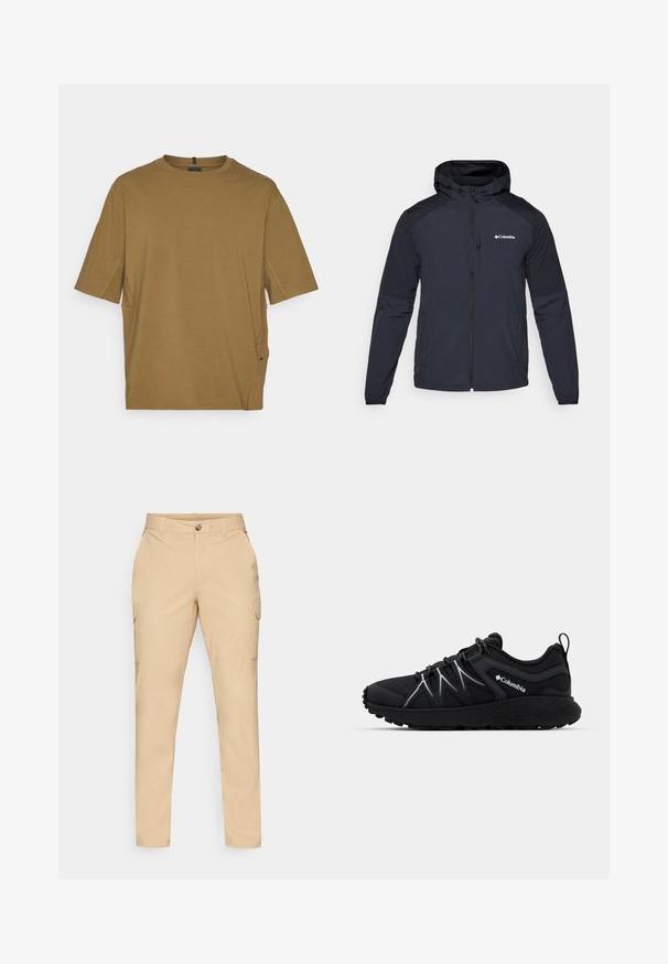 Pánská bunda s kapucí v tmavě námořnické barvě, vyrobená z lehkého, voděodolného materiálu. Má plný zip, elastické manžety a logo na hrudi.; Hnědé tričko s krátkým rukávem vyrobené z měkké tkaniny, s kulatým výstřihem a postranními rozparky pro zvýšení pohodlí. Jednoduchý, nezdobený design.; Bežové cargo kalhoty s uzávěrem na knoflík, slim fit, bočními kapsami a hladkým plátěným materiálem. Žádné viditelné vzory nebo akcenty.; Černá sportovní bota s texturovanou síťovinou, reflexními akcenty, silnou gumovou podešví a elastickými tkaničkami. Logo Columbia viditelné na straně.