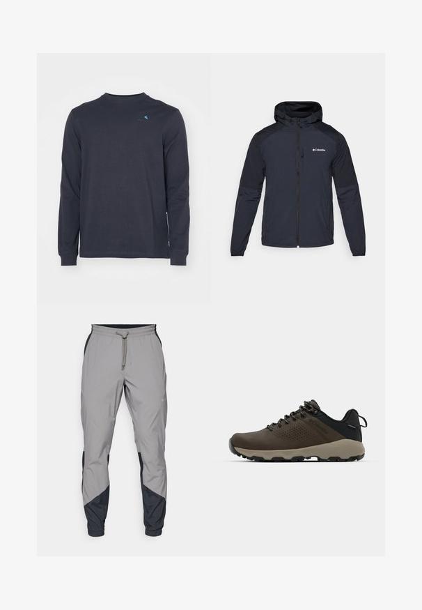 Casaco com capuz para homem em azul marinho escuro, feito de um tecido leve e resistente à água. Apresenta um fecho zip completo, punhos elásticos e um logótipo no peito.; Klättermusen ROOT LOGO TEE - Camisola de manga comprida - raven; Calças de treino leves e cinzentas com detalhes pretos. Cintura elástica, fecho com cordão, design de perna afunilada e bolsos laterais.; Ténis impermeáveis castanhos com um upper texturizado, detalhes perfurados, apoio para o calcanhar preto e uma sola de borracha cinza. Os atacadores têm extremidades metálicas.