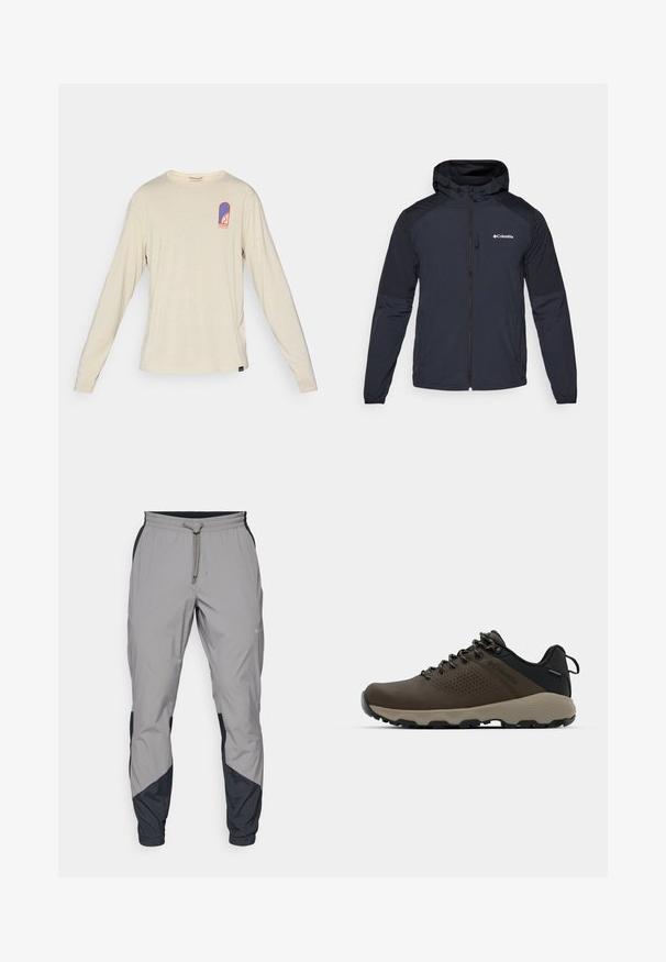 Men's hooded jacket in dark navy, made of lightweight, water-resistant fabric. Features a full zipper, elastic cuffs, and a logo on the chest.; Beige long-sleeve Patagonia shirt with small blue and red logo on the upper left chest, featuring a stylized design and text.; Lightweight, gray athletic pants with black accents. Elastic waistband, drawstring closure, tapered leg design, and side pockets.; Brown waterproof sneakers with a textured upper, perforated accents, black heel support, and a grey rubber sole. Laces are styled with metallic ends.