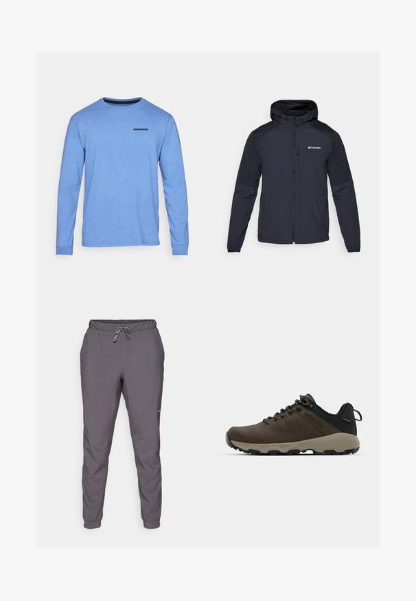 Ανδρικό μπουφάν με κουκούλα σε σκούρο ναυτικό χρώμα, φτιαγμένο από ελαφρύ, ανθεκτικό στο νερό ύφασμα. Διαθέτει πλήρη φερμουάρ, ελαστικούς καρπούς και λογότυπο στο στήθος.; Μπλε πουκάμισο μακρυμάνικο φτιαγμένο από μαλακό ύφασμα. Έχει στρογγυλή λαιμόκοψη και ένα μικρό μαύρο λογότυπο στο επάνω αριστερό μέρος.; Γκρίζες, ελαφριές, ελαστικές παντελόνες με ρυθμιζόμενο κορδόνι στη μέση; κομμένες πόδια; λεία υφή; περιλαμβάνει λεπτομέρεια λογοτύπου στο πλάι.; Καφέ αδιάβροχα αθλητικά παπούτσια με υφασμάτινη επάνω επιφάνεια, διατρήσεις, μαύρη στήριξη στη φτέρνα και γκρι ελαστική σόλα. Οι κορδόνες είναι διακοσμημένες με μεταλλικές άκρες.